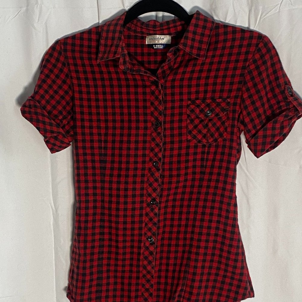 Vintage Anchor Blue Red and Black Checkered Collard Shirt Size XS